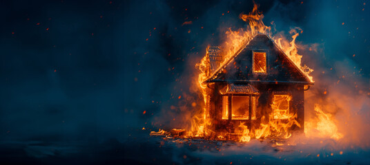 he house is on fire. House on fire at night. spectacular house fire at night. House burning. space for text. blue background.