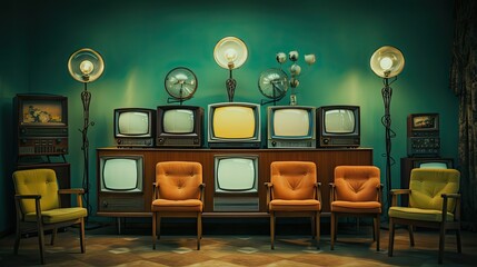 imagine vintage televisions designed in the 1920s end 1930s, sitting in a room full of them