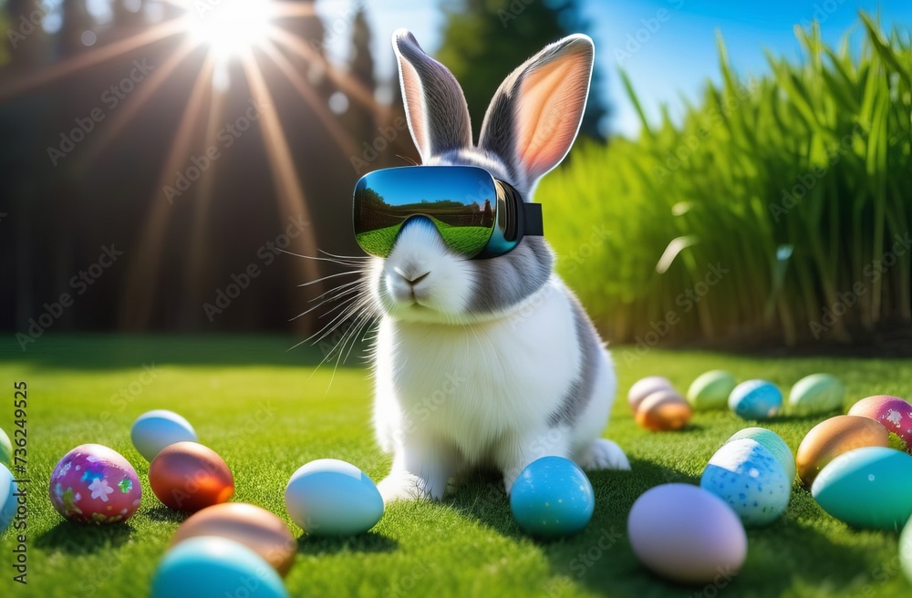 Wall mural easter bunny with eggs. a rabbit in virtual reality glasses, in full growth, holds easter eggs in hi