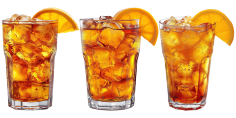 Cuba libre cocktail with ice cubes and lemon slice isolated on transparent background