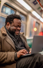 A happy black man works on laptop while traveling on the subway - 736249744