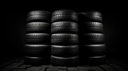 Fototapeta na wymiar Jet Black background with car tires
