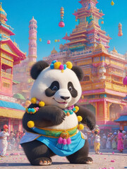 Panda in a beautiful costume in a fabulous city