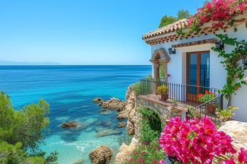 Beautiful villa next to sea in a summer day with flowers and well decorated outside with space, Generative AI. - obrazy, fototapety, plakaty
