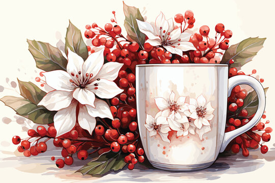Classic christmas theme tea cup decoration with red berries and leaves.