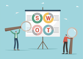 SWOT analysis, brainstorming to set goals, SWOT analysis team working on opportunity list, strategic planning, implementing business analysis tools, project management, men analyze business strategy.