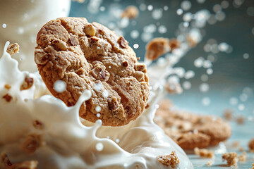 Delicious cookie dunk in a bowl with milk. Chocolate chip cookies splashing in milk - obrazy, fototapety, plakaty