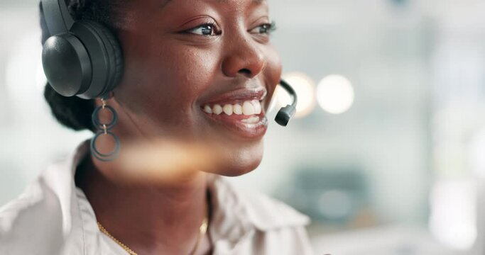 Business, telemarketing and call center with black woman, communication and connection in workplace. African person, employee or insurance agent with customer service and tech support with consultant
