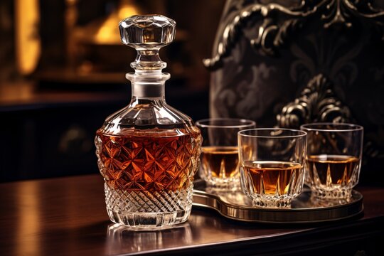 A Crystal Decanter And Glasses Of Liquor