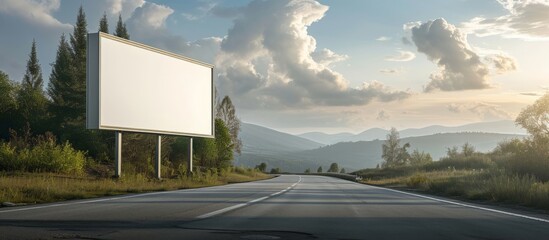 Scenic rural road with a blank billboard for outdoor advertising in a picturesque countryside