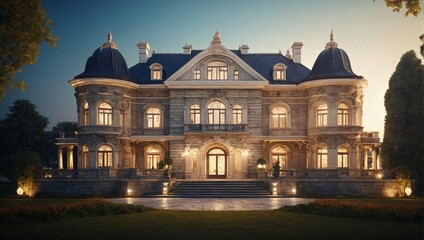Fototapeta na wymiar 3D rendering of a historical mansion showcasing its architectural details