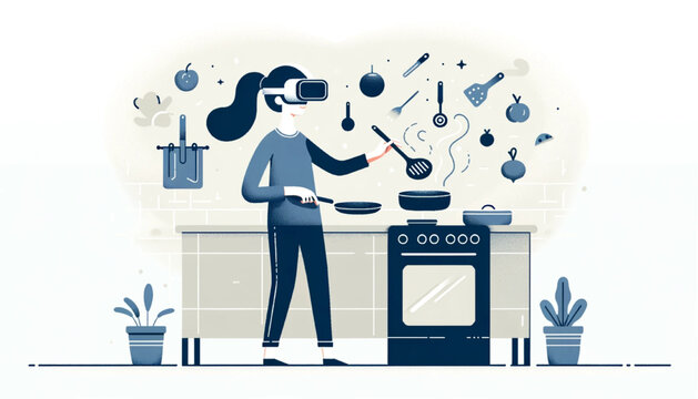 woman wearing virtual reality goggles learning cooking meals virtually