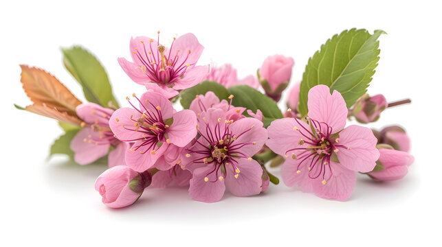 A bunch of wild himalayan cherry blossom pink flowers with young leaves budding on tree twig isolated on white background