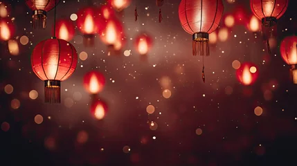 Gordijnen Lanterns, fireworks, clean background, red tone, minimalist style © paisorn