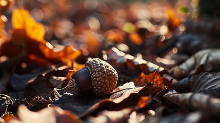 Nature’s Beauty: Close-Up of Acorn Amidst Autumn Leaves on Forest Floor
