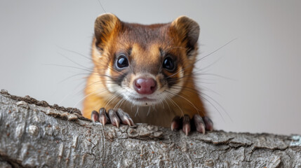 A curious mustelid, resembling a miniature ferret, peers from a tree branch with its bushy snout and delicate whiskers, blending seamlessly into the wild outdoor scenery - Powered by Adobe