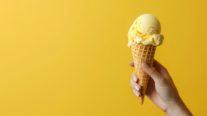 Woman's hand holding ice cream in waffle cone on yellow background. Close up view, copy space.