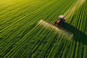 Red tractor making agrochemical treatment in the field, aerial view