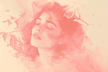 Surreal pink silhouette of young woman with leaves. Halftone light beige background using dots. Delicate texture for print. Double exposure effect