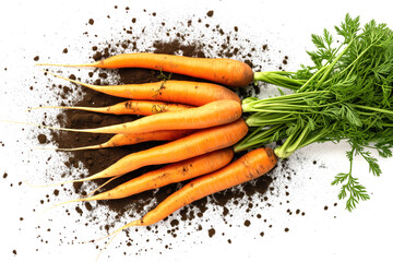 Organic carrots with soil on white background