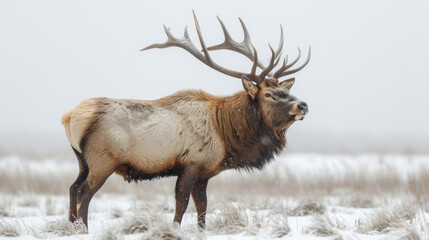 A majestic elk, adorned with magnificent antlers, stands proud in a wintry wonderland surrounded by serene snow, embodying the true spirit of the wild