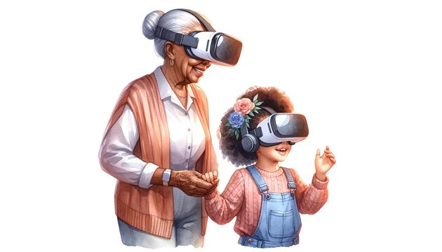 a Black grandmother and granddaughter wearing VR glasses, exploring technology together