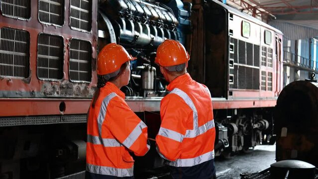 Engineer train Inspect the train's diesel engine, railway track in depot of train