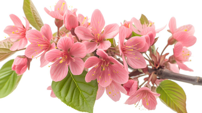 A bunch of wild himalayan cherry blossom pink flowers with young leaves budding on a tree twig isolated on a white background, suitable for nature and spring-themed designs.