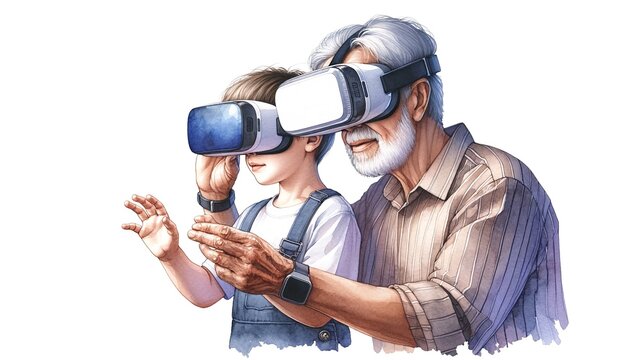 a grandfather and grandson wearing VR glasses exploring technology