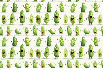 Seamless pattern of cute cartoon pickles with various expressions on a white background