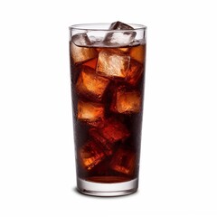 Glass of cola with ice cubes on white background