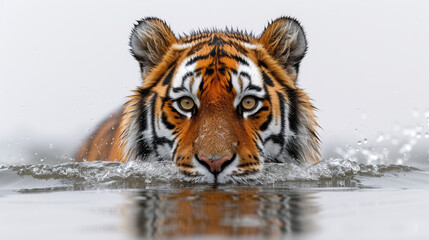 A majestic bengal tiger gracefully navigates through the serene waters, embodying the wild beauty of this powerful terrestrial mammal