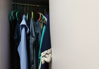 horizontal photo of a wardrobe with clothes hanging on the side and a wooden white door. clothes...