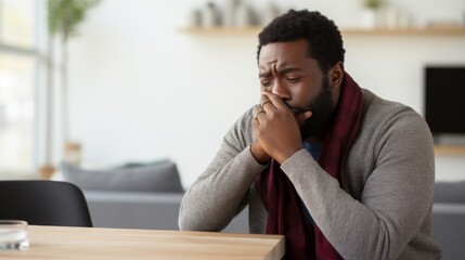 A sad sick black man with bad teeth, throat, head, cough is sitting at home on the couch. Bad news, Stress and depression, illnesses and colds concepts. - obrazy, fototapety, plakaty
