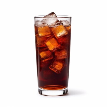 Glass of cola with ice cubes on white background