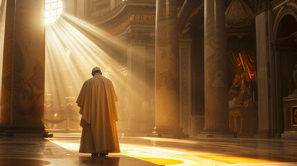 Religious leader pope in chapel praying cathedral catholic church