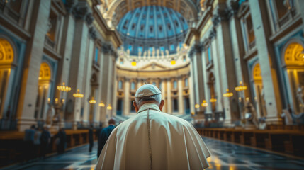 Religious leader pope in chapel praying cathedral catholic church - obrazy, fototapety, plakaty