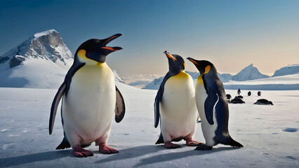 A nice picture of penguins, in their natural icy environment, hanging out with each other and watching the sunset.