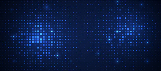 Abstract futuristic technology square pattern with glowing lights, square elements on dark blue background.