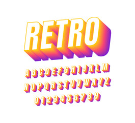 Retro bold 3d font with blend gradient color. Modern abc alphabet for banner, poster, printing, typography, t shirt, book and card. Trendy vector illustration