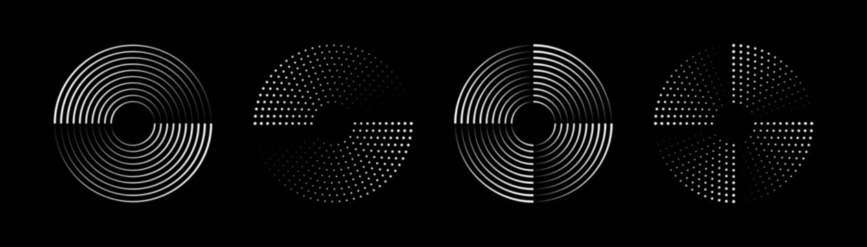 Set of speed lines in circle form. Halftone dotted speed lines. Abstract geometric circles with rotating radial lines. Design element for logo, prints, template or posters. Vector illustration