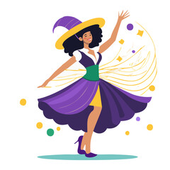 A woman in purple Mardi Gras costume dances