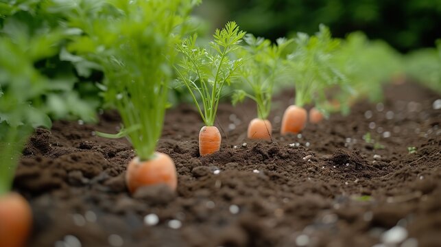 Close shot of carrots in field with space for text or products a raw vegetable portrait, Generative AI.