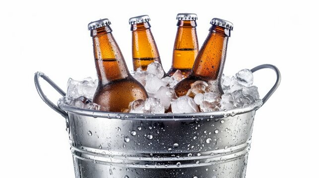 cold bottles of beer in bucket with ice