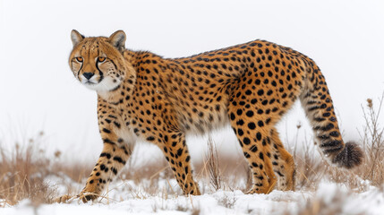 A majestic cheetah braves the wintry landscape, a symbol of strength and resilience in the wild world of big cats