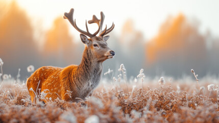 A majestic buck stands proudly in a frost-covered field, its antlers reaching towards the foggy winter sky, embodying the grace and resilience of terrestrial wildlife