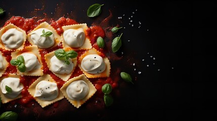 Cream and robust, crimson tomato sauce-topped raviolis over a white setting and space, Generative AI.