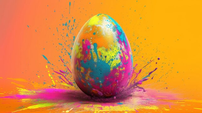 easter egg in a color explosion or splash on orange background 