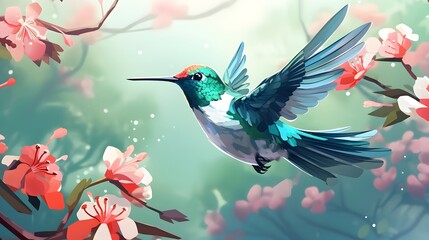 Flying hummingbird web banner. National Hummingbird Day. Flying hummingbird with flowers background. Small colorful bird in flight