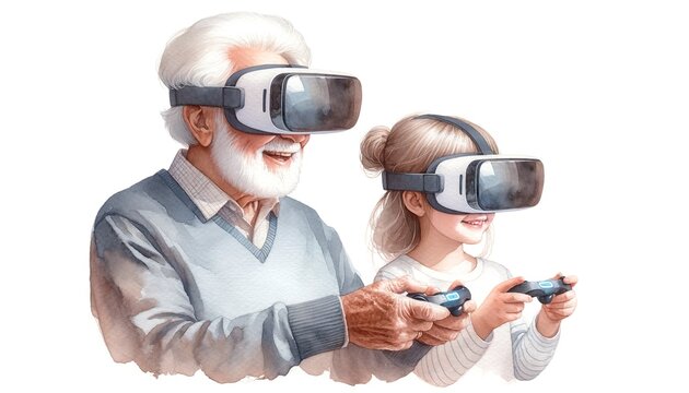 grandfather and granddaughter wearing VR glasses